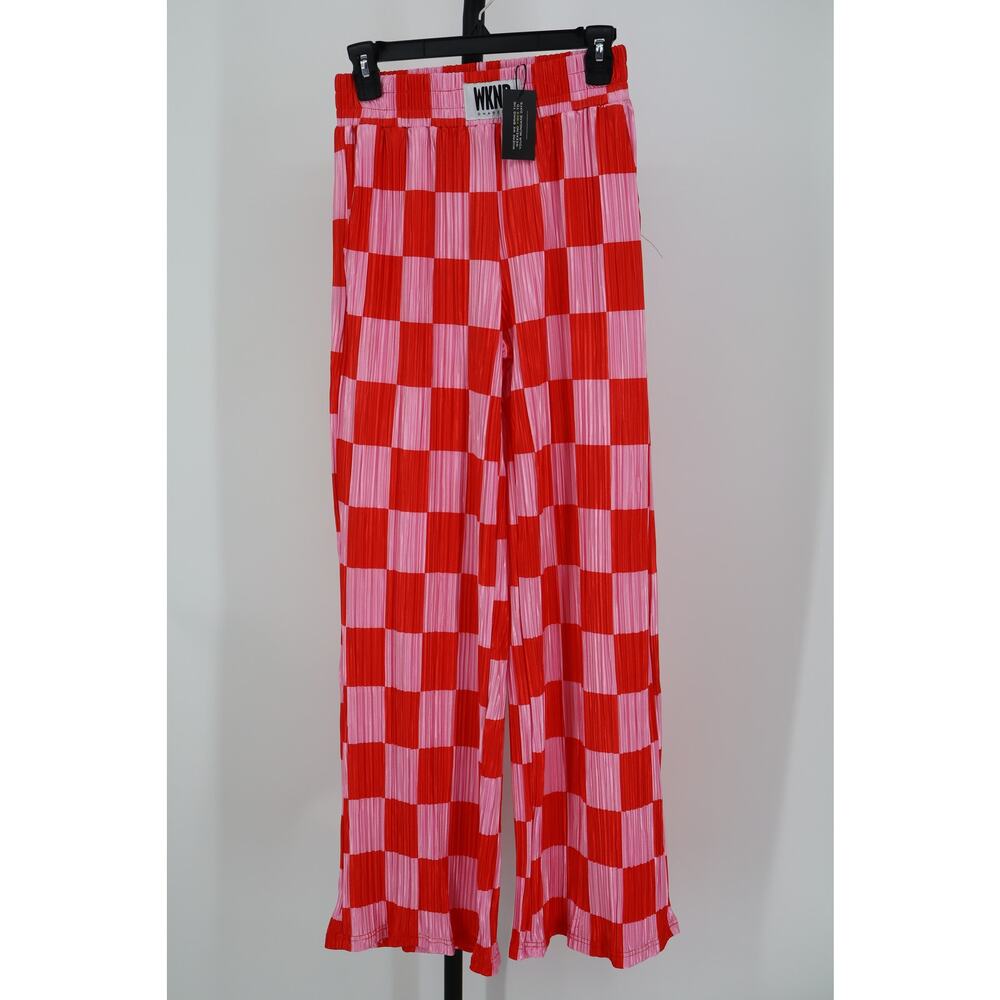 NEW WKNDCHASERS Checkered Plisse Pants Red Pink Gingham Wide Leg Size S - Picture 2 of 4
